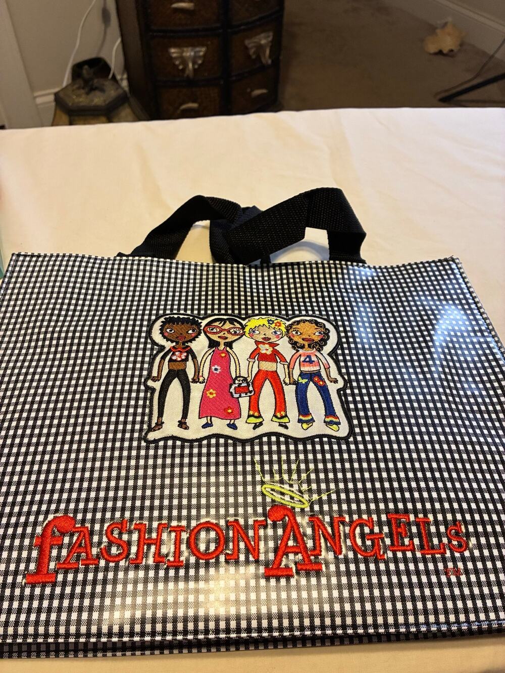 Fashion Angels Gingham Reusable Tote Shopping Bag Embroidered Logo Black White